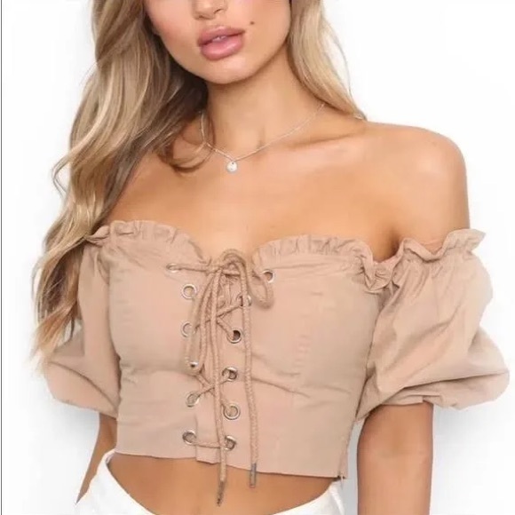 I.AM.GIA Tops - I.AM.GIA  Alya Tan Lace-Up Off-Shoulder Crop Top